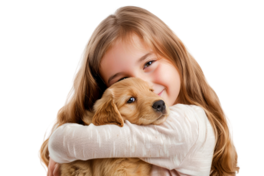 Adorable Young Girl Hugging a Cute Golden Retriever Puppy, on transparent background