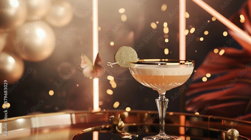 Poster cocktails in art deco style elegant party with drink and some bit : generative ai