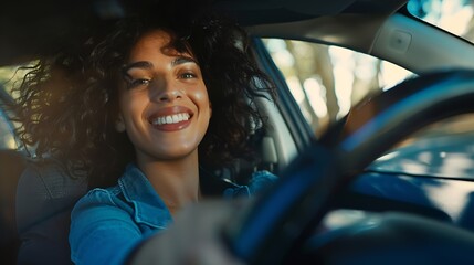 Portrait smiling woman driving car : Generative AI