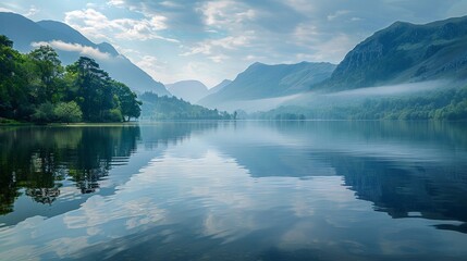 A tranquil lake surrounded by mountains, the water reflecting the serene landscape