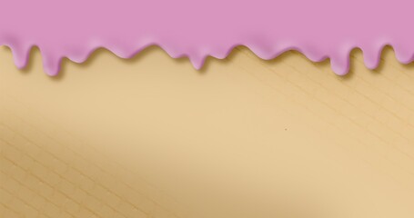 Sweet ice cream flowing down on cone. Strawberry ice cream melted on brown background. Сream melted presentation wallpaper, concept of sweet and dessert banner with copy space, summertime and colorful