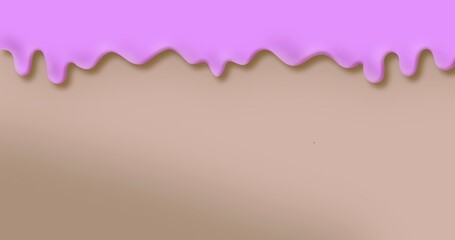 Sweet ice cream flowing down on cone. Strawberry ice cream melted on brown background. Сream melted presentation wallpaper, concept of sweet and dessert banner with copy space, summertime and colorful