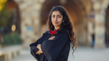 Young hispanic woman wearing graduated uniform standing with arms crossed gesture at university : Generative AI