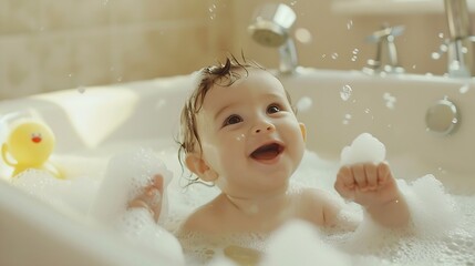 Baby girl in a bath with foam and soap bubbles Happy laughing baby taking a bath playing with toys Little child in a bathtub Smiling kid in bathroom Infant washing and bathing : Generative AI