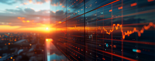 Stock market graph reflecting on modern building with sunset in the background, signifying economic trends and financial data analysis.