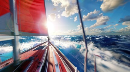 Sailing boat cutting through ocean waves at sunset