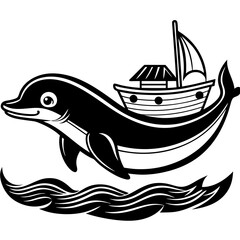 Friendly Dolphin Swimming Alongside a Boat Vector Design and illustration