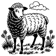 A Fluffy Sheep Grazing in a Meadow Vector Design and illustration