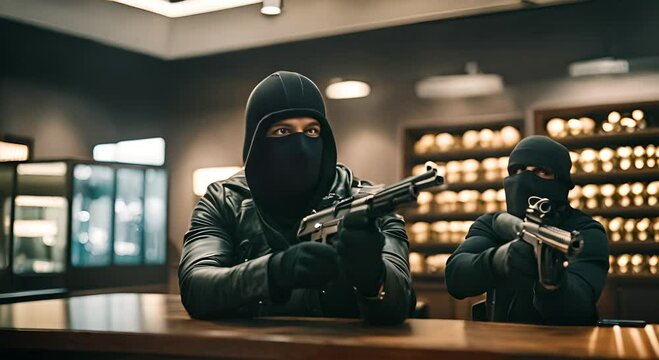 Thieves in balaclavas robbing a bank.