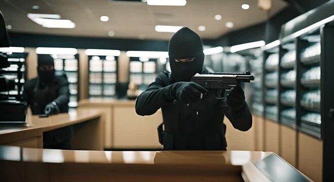 Thieves in balaclavas robbing a bank.