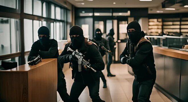 Thieves in balaclavas robbing a bank.