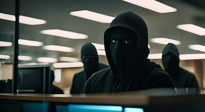 Thieves in balaclavas robbing a bank.