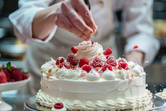 A baker decorating a cake. baker decorating cake pastry icing kitchen professional food dessert sweet.