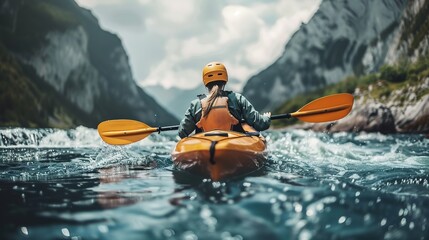 Fototapeta premium Kayaker in helmet paddles in rough river waters with mountains.