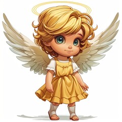 Fototapeta premium golden angel girl with a blonde wavy bob hairstyle sits on the floor, wearing a yellow dress and adorable white feather wings, This delightful image is isolated on a white background.