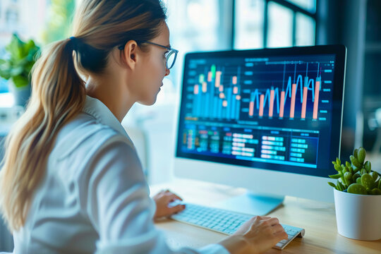 A businesswoman analyzing charts and graphs on a computer. businesswoman analyzing