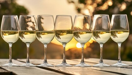a row of white wine glasses