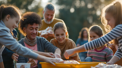 Families participating in a fundraising event for donations, energetic and supportive, bottom third copy space