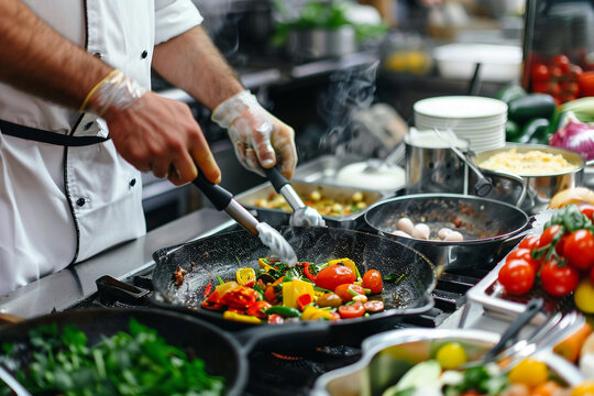 A chef preparing a gourmet meal. chef cooking kitchen gourmet meal food culinary restaurant preparation delicious.