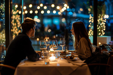 A couple dining at a fancy restaurant. couple dining restaurant fancy food romantic love table gourmet date.
