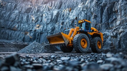 Large bulldozer at a quarry with rocky background