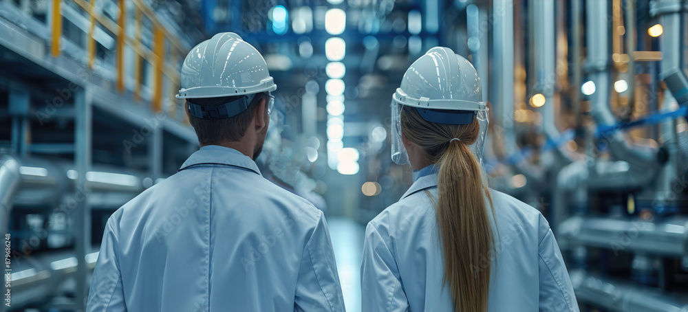 Poster engineers in white coats working at factory. generative ai.