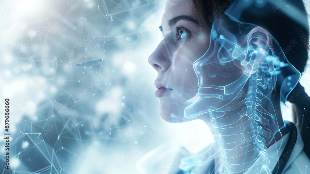 Poster futuristic ai concept with human and digital interface integration. a conceptual modern sci-fi image