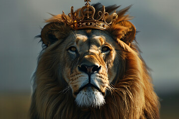Naklejka premium A golden crown perched atop a regal lions head. golden crown perched atop regal lions head royalty.