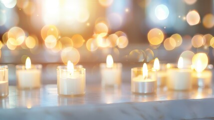 Candles with warm glowing light and bokeh background. Perfect for spiritual, serene, and peaceful settings.