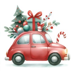 Watercolor painting of car christmas theme on​ white background
