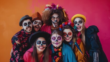 A group of friends dressed in colorful Dia de los Muertos costumes with painted skull faces, posing joyfully. Concept: festive celebration.