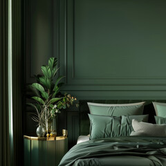 3D render of a mock-up poster in a modern dark green bedroom interior with a potted plant on the table.
