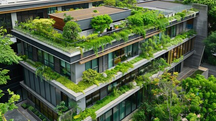 Eco-friendly office environment with rooftop garden flat design top view nature-integrated worksp