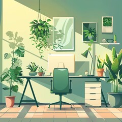 Modern eco-friendly office environment with green plants flat design front view sustainable workspace cartoon drawing Triadic Color Scheme