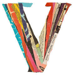 Obraz premium Magazine paper letter V collage art white background.