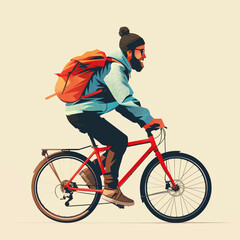 minimalistic vektor illustration of a man with a cap and a backpack, riding a bicycle, cycling, bike