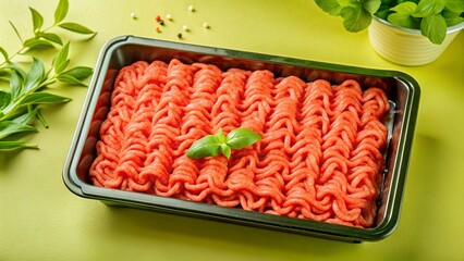 minced meat in a plastic container on a plain background