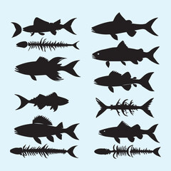 Fish bone line white silhouette icon set Clip art 