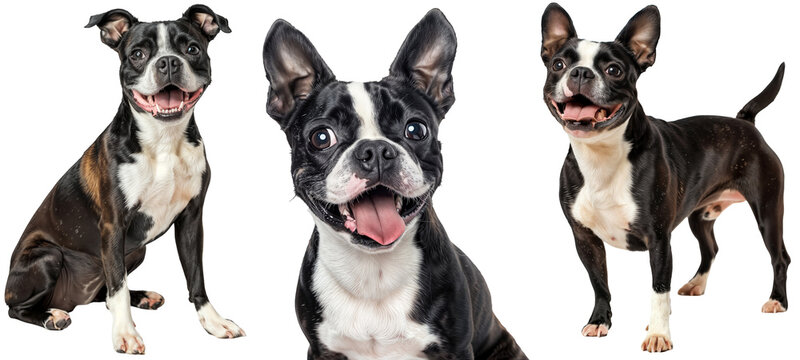 Collection of Three Excited Boston Terriers in Different Poses (Sitting, Portrait and Standing) on Transparent Background, Ideal for Pet Photography and Dog Breed Promotions