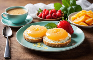 healthy and colourful breakfast served on table with drinks