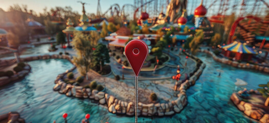 A big red location icon floating on a theme park. Generative AI.