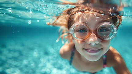 Naklejka premium Underwater portrait of a young girl swimming with goggles