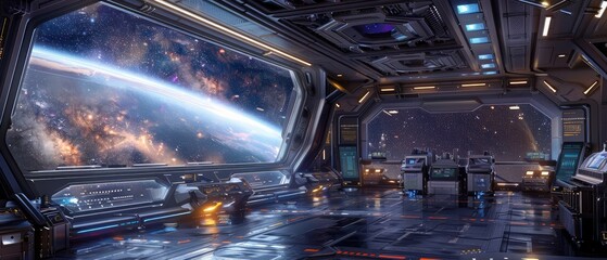 milky way galaxy view from a futuristic space station interior with sleek technology and endless stars shining through the window
