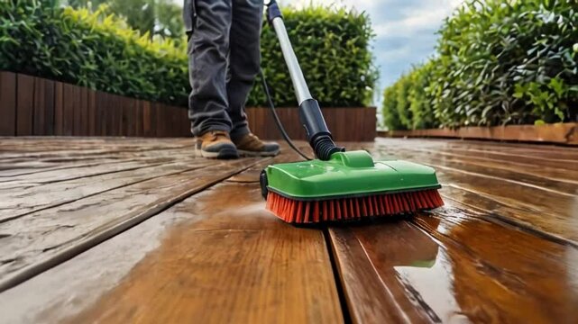 Man cleaning the terrace wooden floor with high pressure cleaner