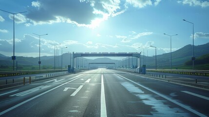 Empty highway with toll booth and mountains in the background