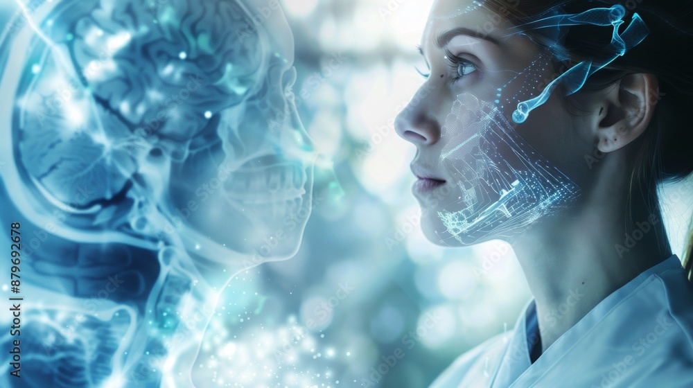 Aufkleber a futuristic scene featuring a human and an ai robot face to face. the style is high-tech and digita