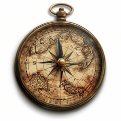 Vintage Brass Compass with Antique World Map Background, Nautical Navigation Instrument