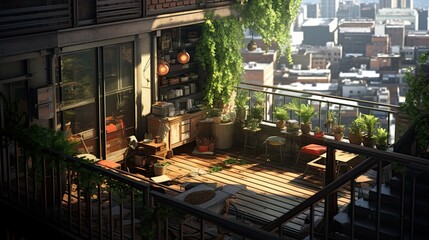 Urban Jungle Balcony. AI generated art illustration.