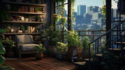 Fototapeta premium Urban Jungle Balcony. AI generated art illustration.