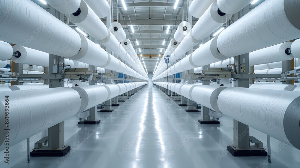 Aufkleber A textile factory with white rolls of fabric suspended on two rows, creating an impressive scene of production and technology in the area of yarn production or weaving machines. Generative AI.